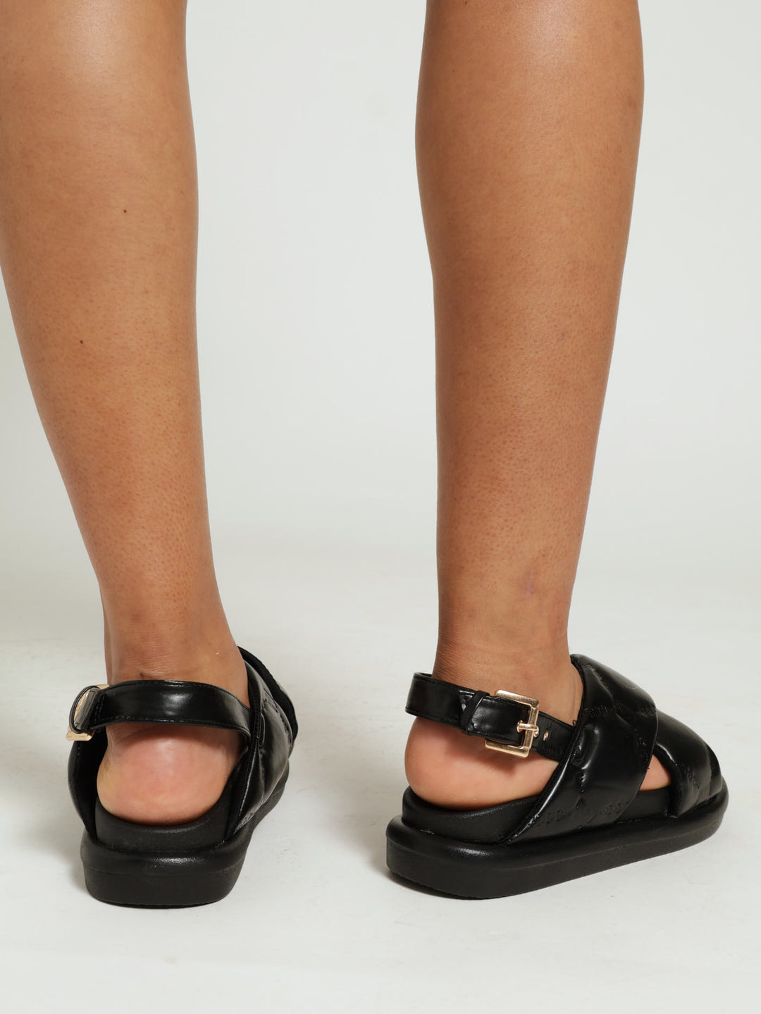 Wide Embossed Crossstrap Sling Back Slide - Black