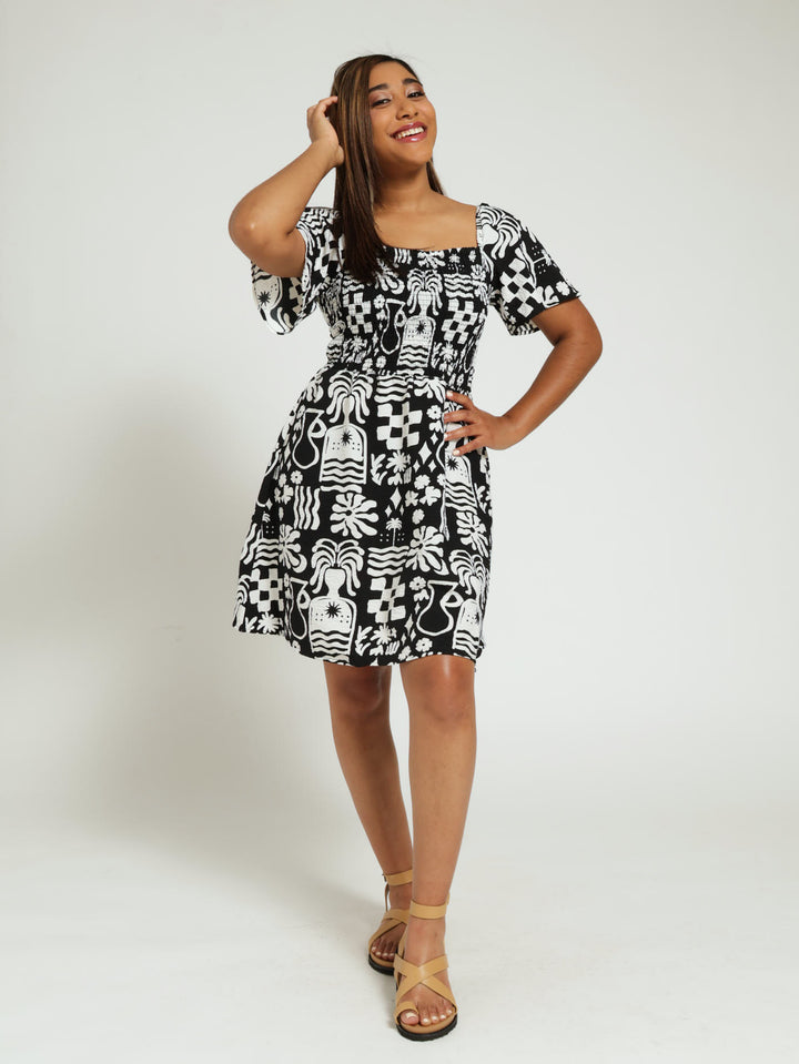 Printed Crinkle Mini Dress - Black