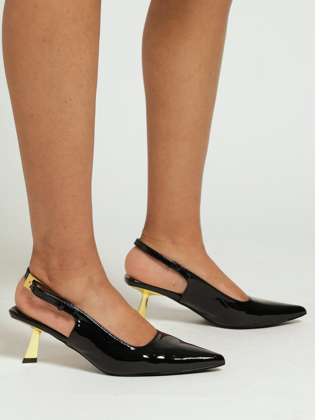 Gold Slanted Kitten Heel With Long Gold Buckle - Black