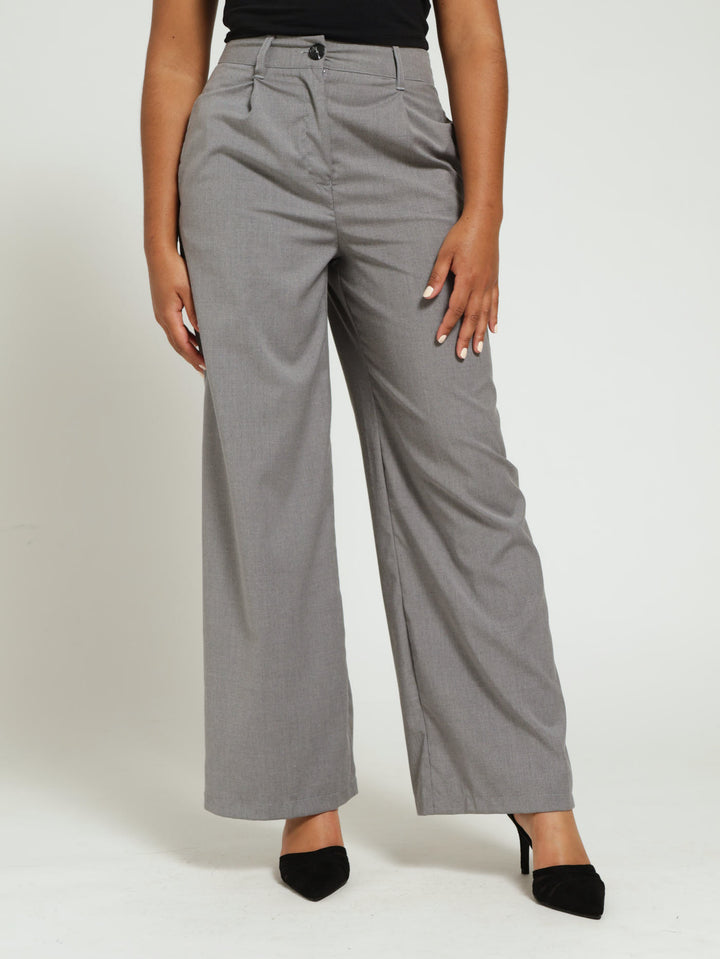 Pleated Wide Leg Trouser - Grey Melange