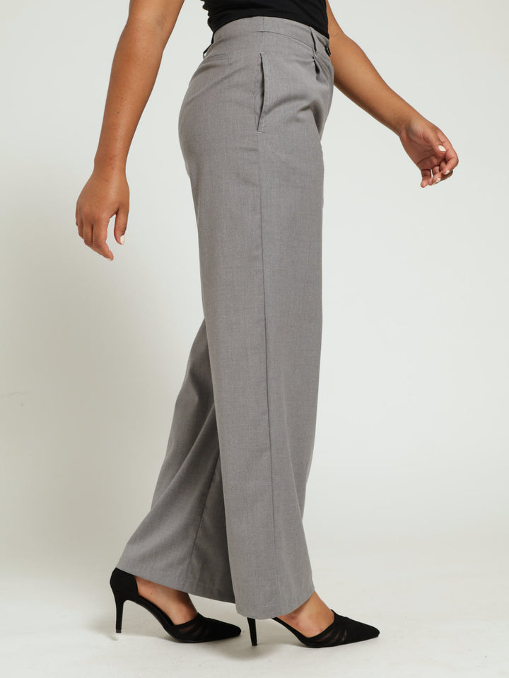 Pleated Wide Leg Trouser - Grey Melange