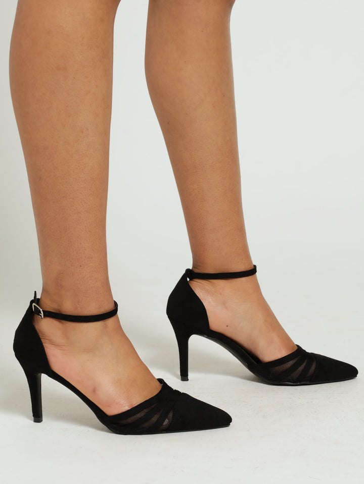 Mesh Insert Kitten Court Heel With Ankle Straps - Black