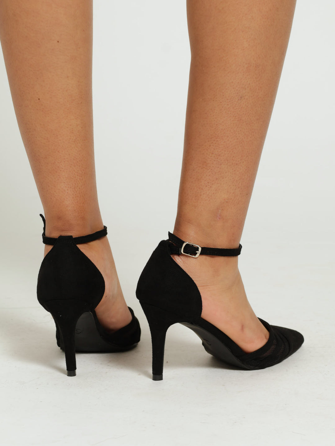 Mesh Insert Kitten Court Heel With Ankle Straps - Black