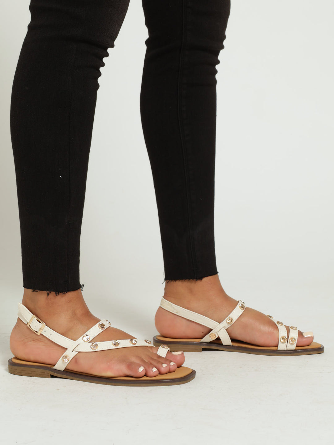 Stud Detail Toe Post Sandal - Cream