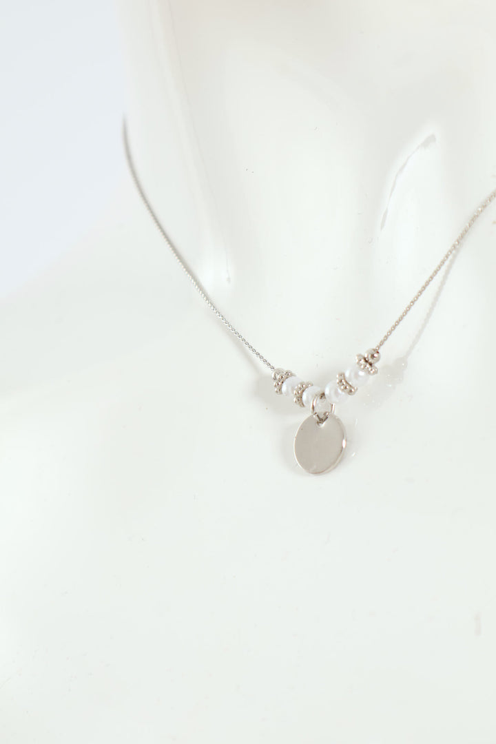 Round Flat Pendant Pearl Bead Necklace - Silver