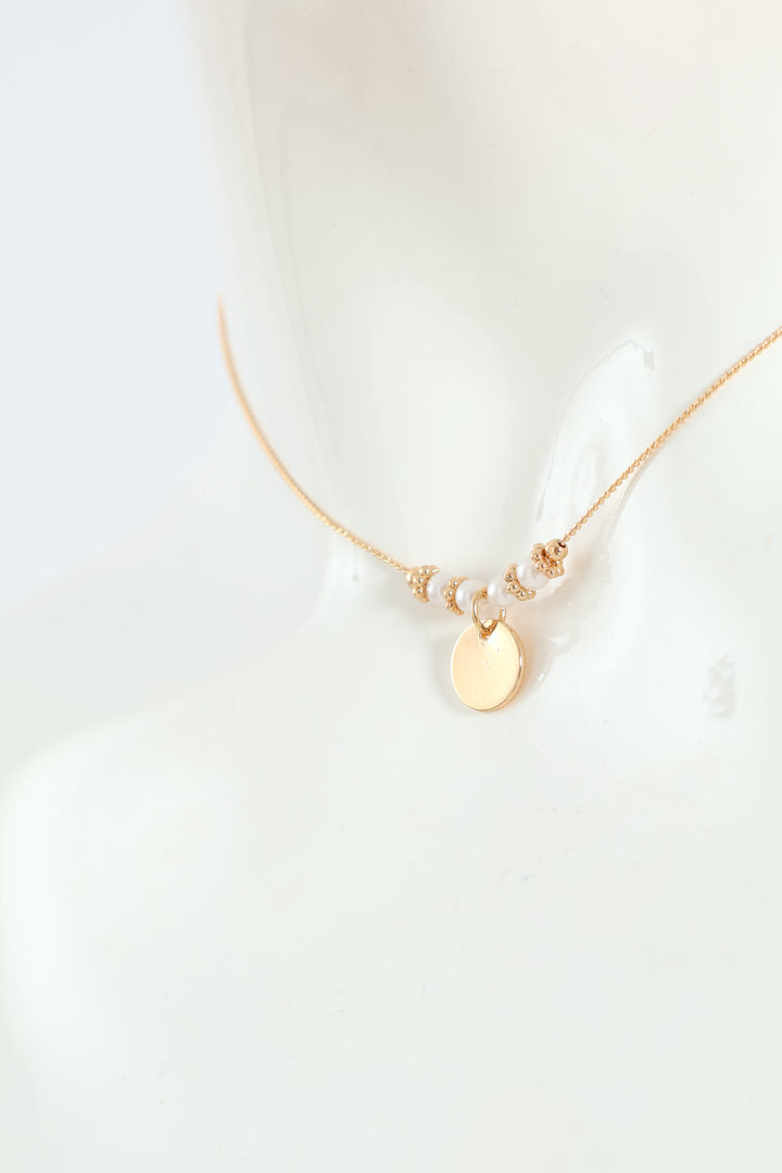 Round Flat Pendant Pearl Bead Necklace - Gold