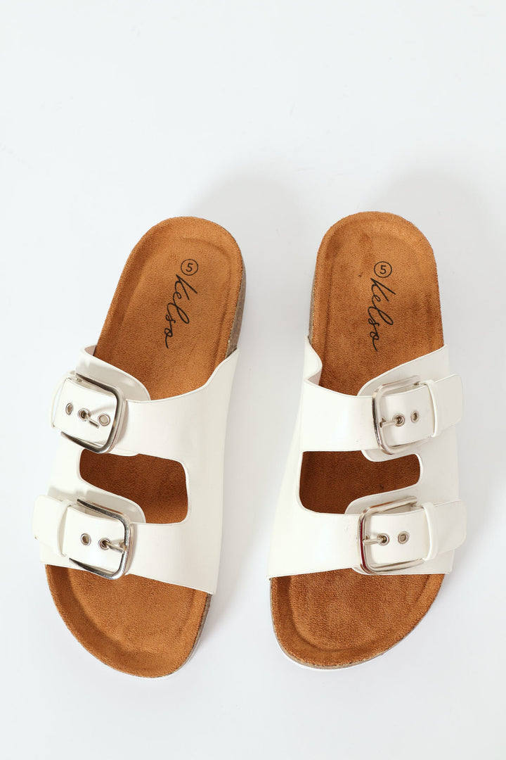 Plain Double Strap Mule With Buckle Detail - White