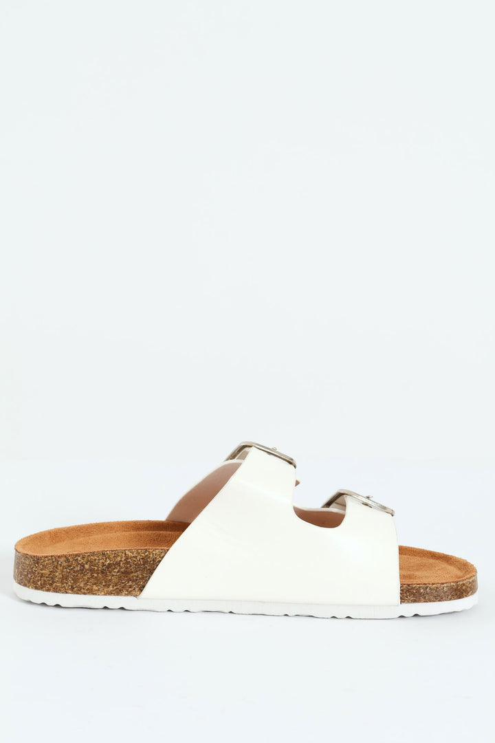 Plain Double Strap Mule With Buckle Detail - White