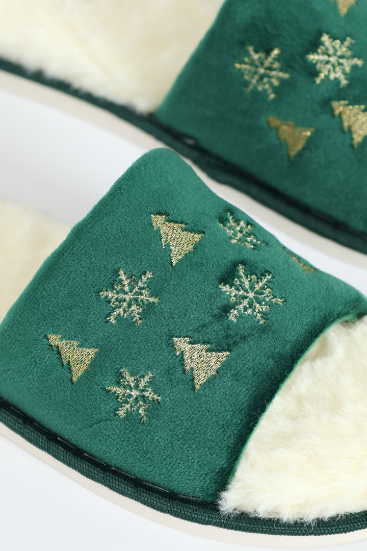 Gold Foil Festive Slipper - Forest Green