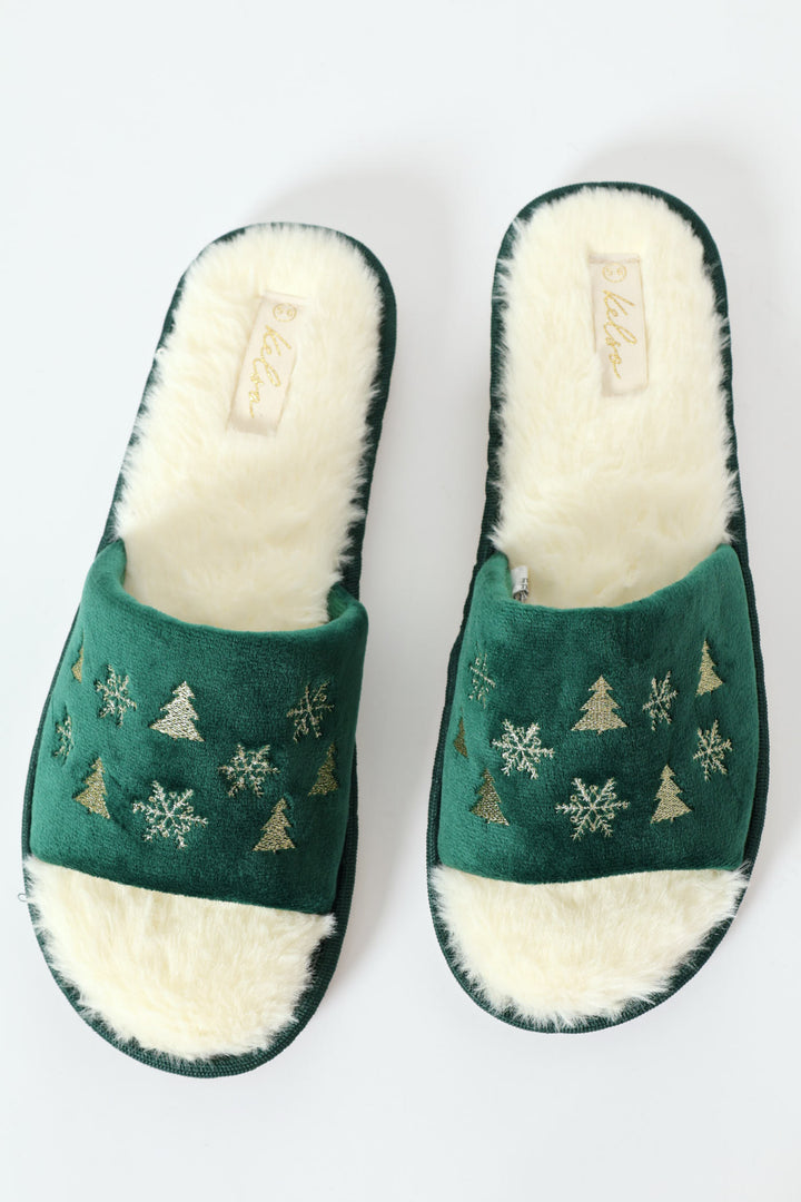 Gold Foil Festive Slipper - Forest Green