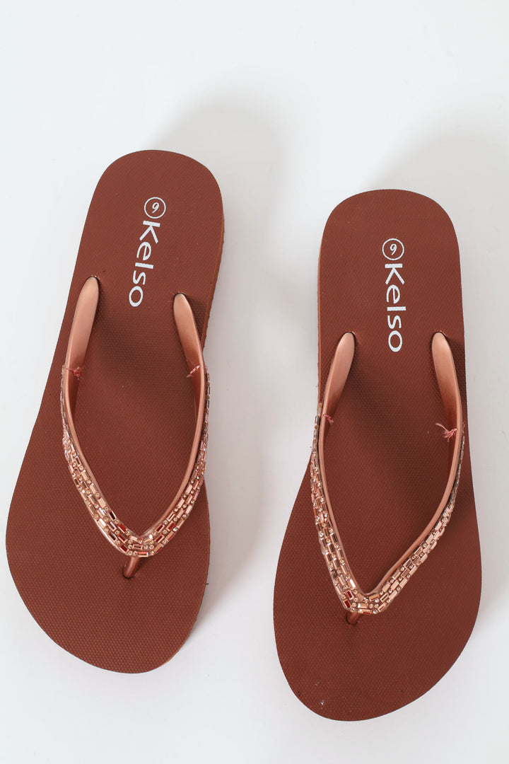 Diamante Strap Thong Sandal - Brown