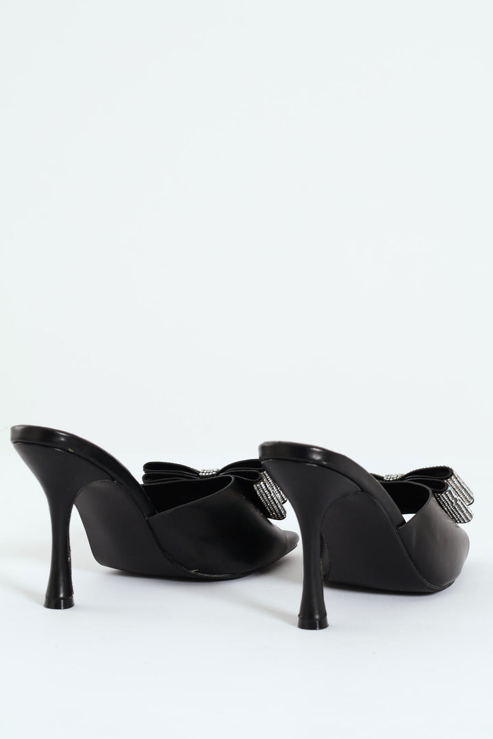 Diamante Bow Vinyl Sandal On Shaped Heel - Black