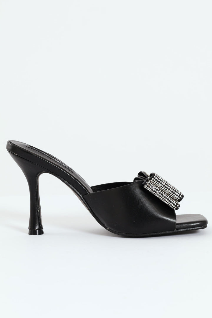 Diamante Bow Vinyl Sandal On Shaped Heel - Black