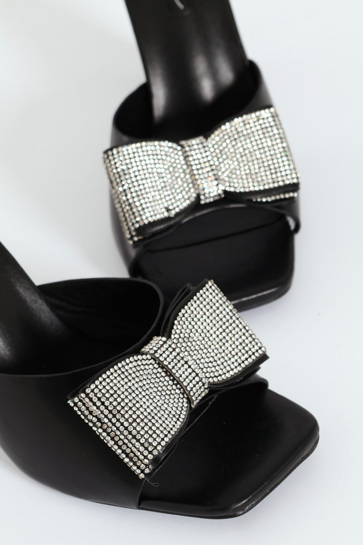 Diamante Bow Vinyl Sandal On Shaped Heel - Black