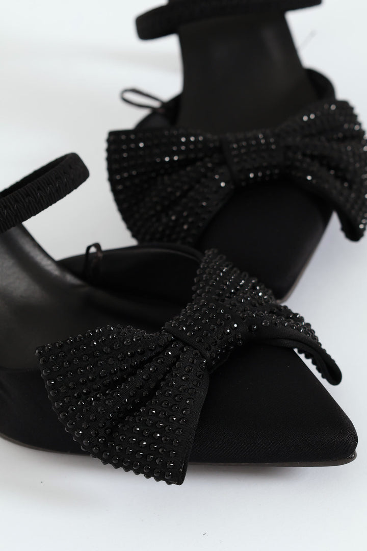 Self Colour Bow Trim Pointy Kitten Mule Heel - Black