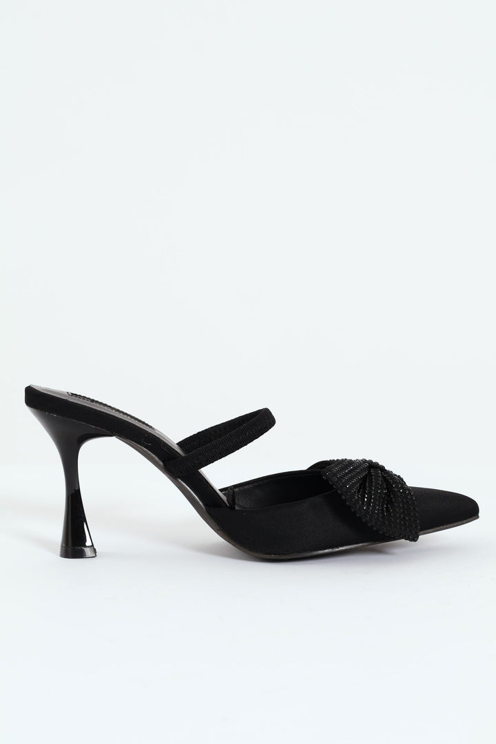 Self Colour Bow Trim Pointy Kitten Mule Heel - Black