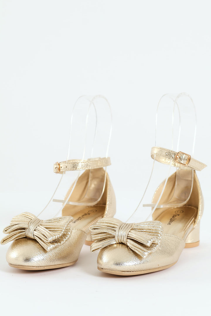 Girls Crinkle Bow Heeled Sandal - Gold