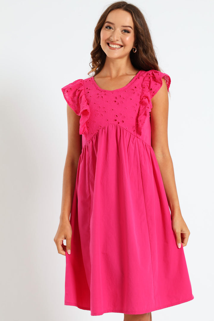 Anglaise Combo Frill Sleeve Mini Dress - Cerise