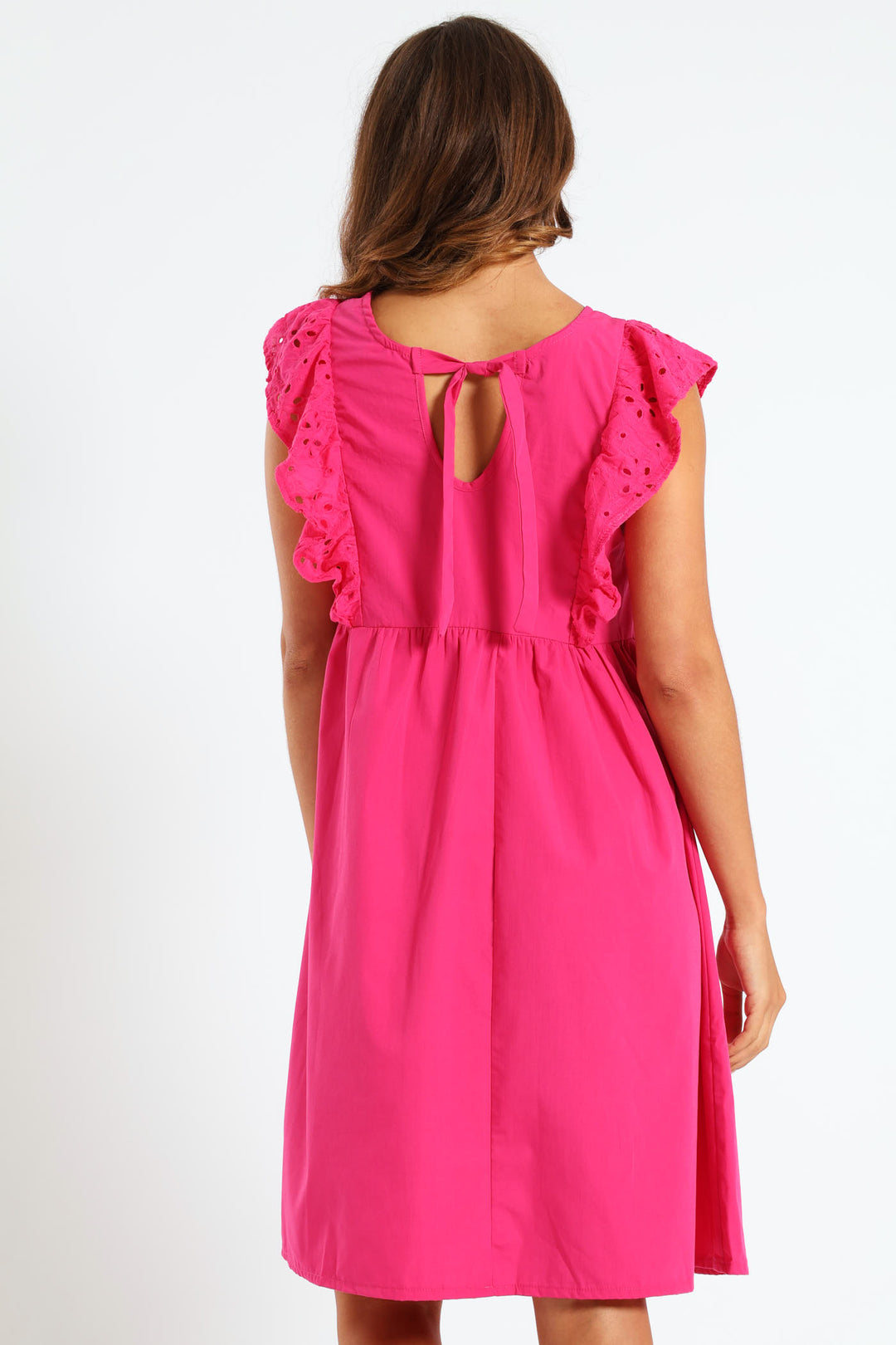 Anglaise Combo Frill Sleeve Mini Dress - Cerise