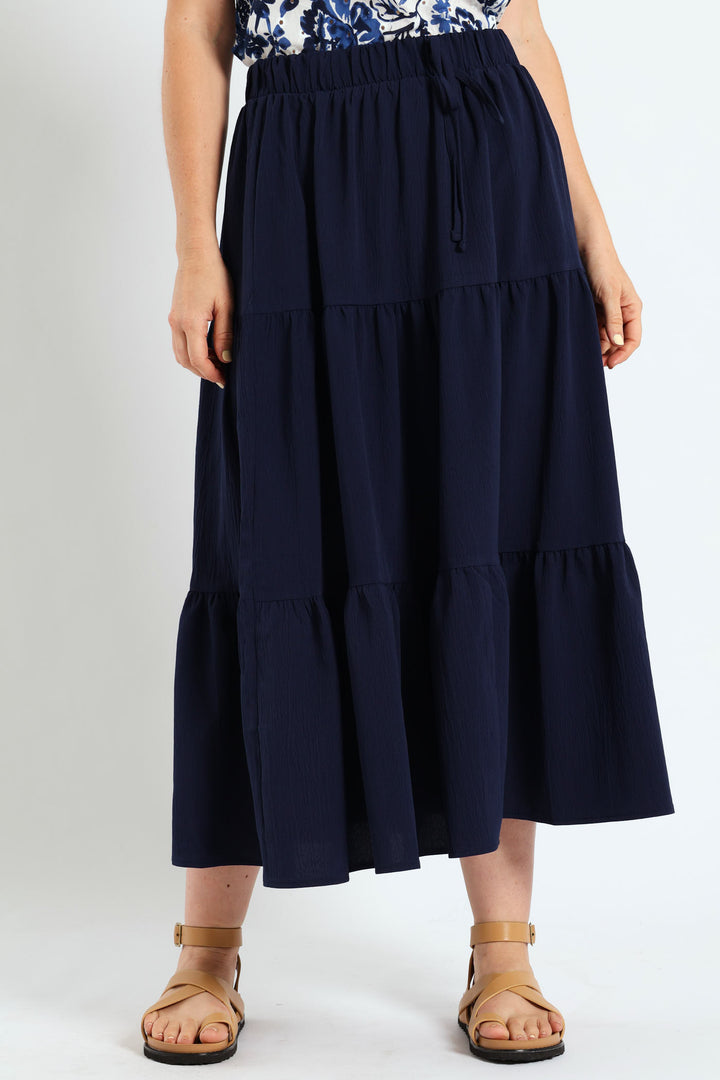 Elasticated Tiered Maxi Skirt - Navy