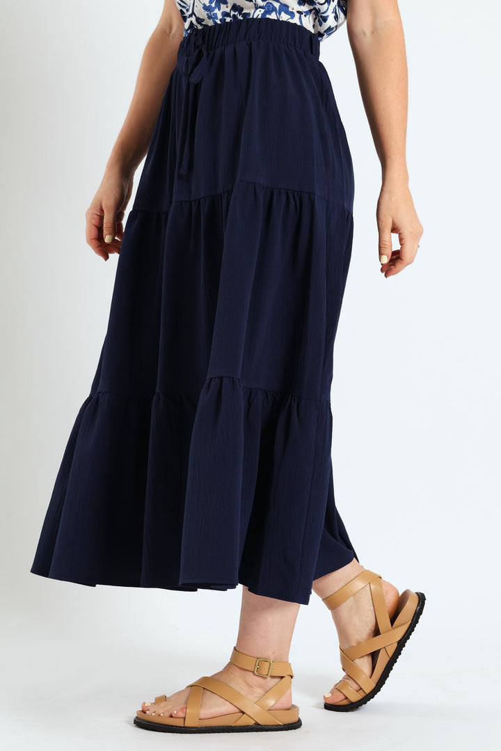 Elasticated Tiered Maxi Skirt - Navy