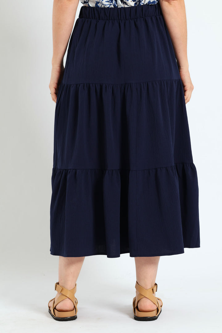 Elasticated Tiered Maxi Skirt - Navy