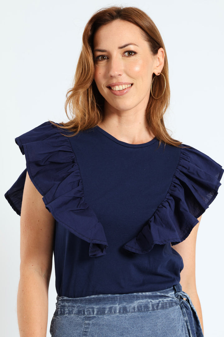 Frill Detail Boxy Combo Tee - Navy