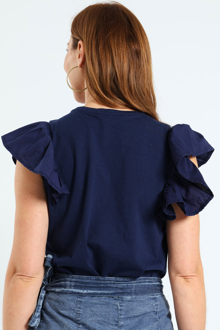 Frill Detail Boxy Combo Tee - Navy