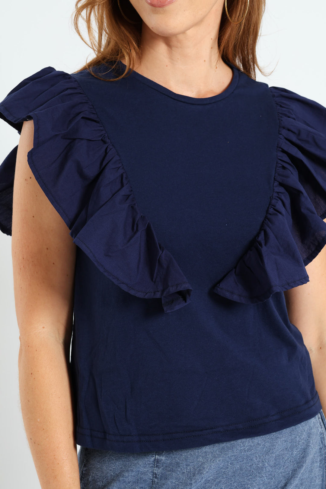 Frill Detail Boxy Combo Tee - Navy