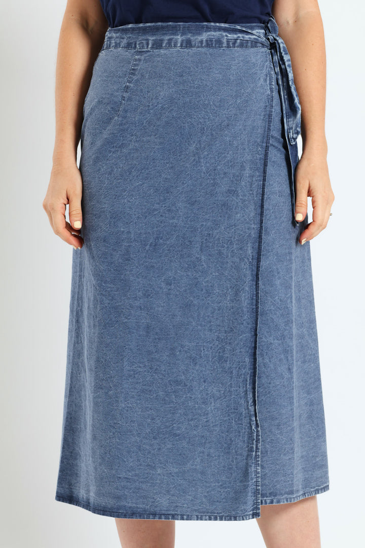 Wrap Chambray Midi Skirt - Medium Wash