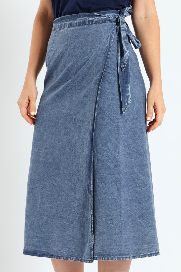 Wrap Chambray Midi Skirt - Medium Wash