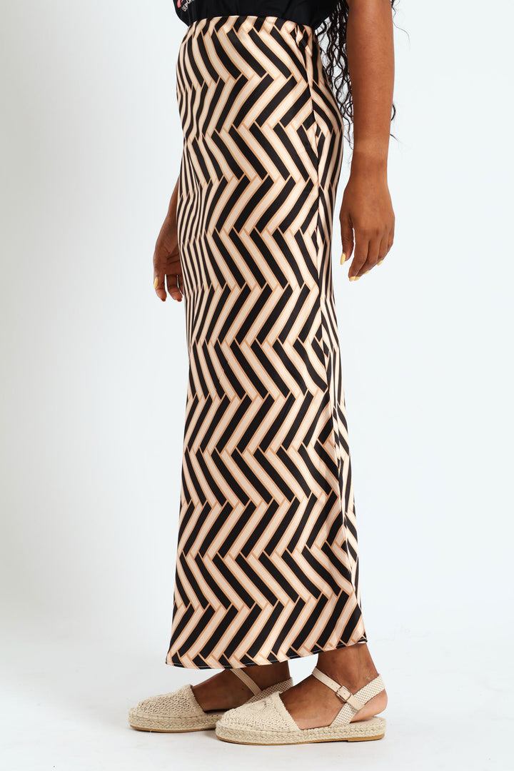 Geo Satin Midi Slip Skirt - Black/Beige