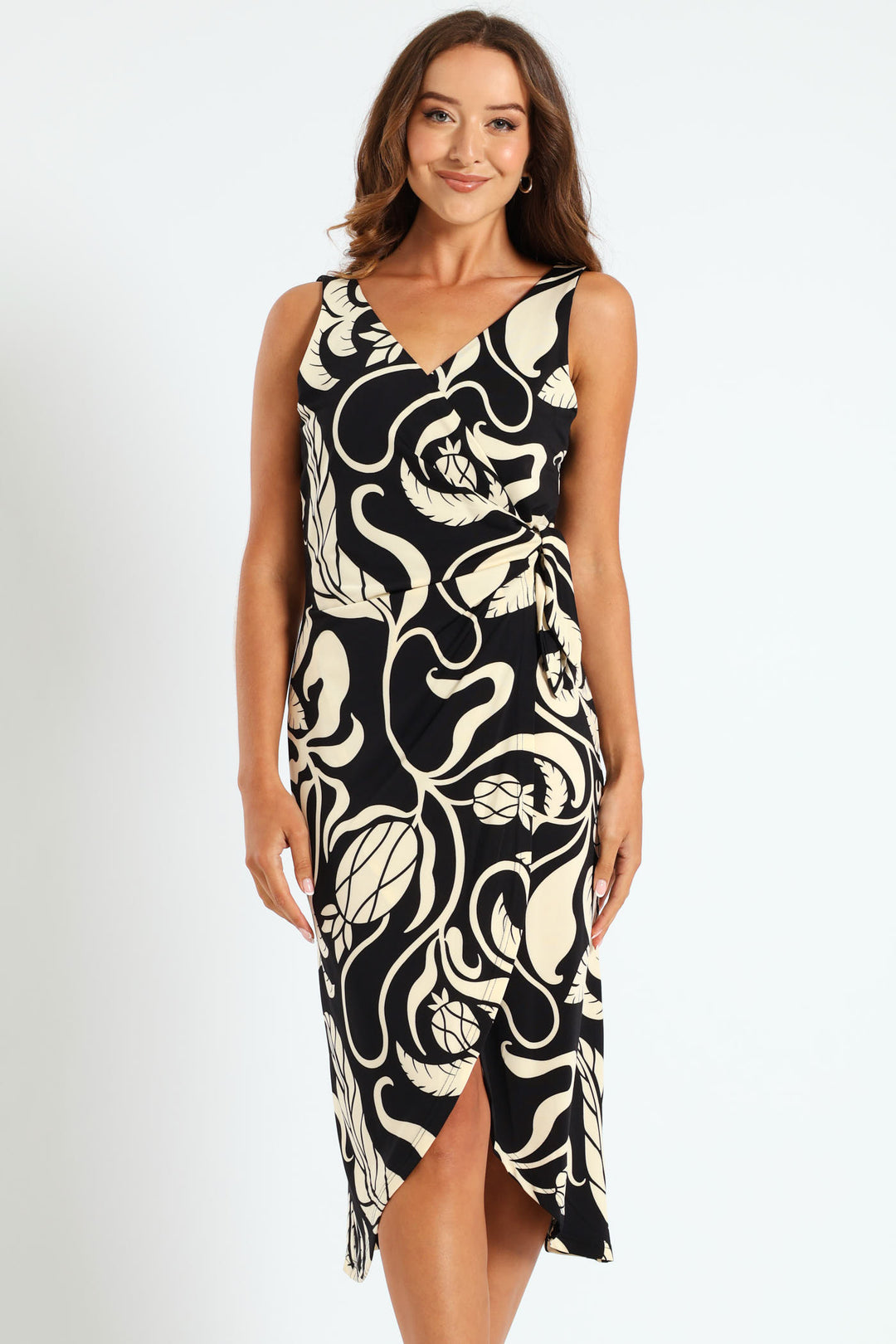 Knot Slinky Midi Dress - Black/Cream