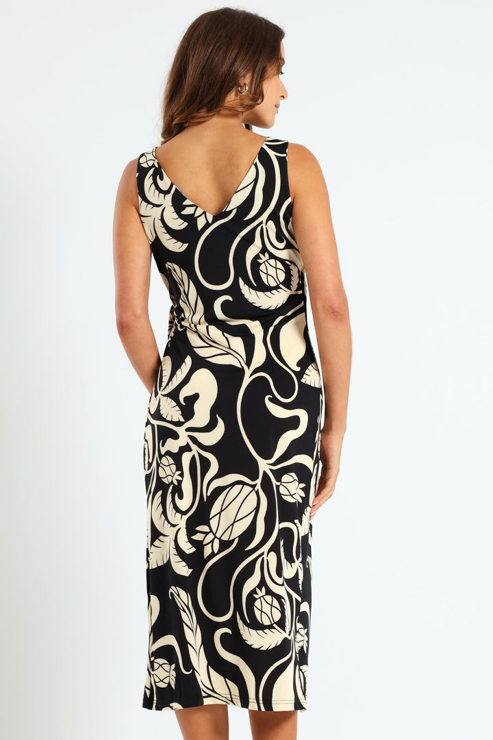 Knot Slinky Midi Dress - Black/Cream