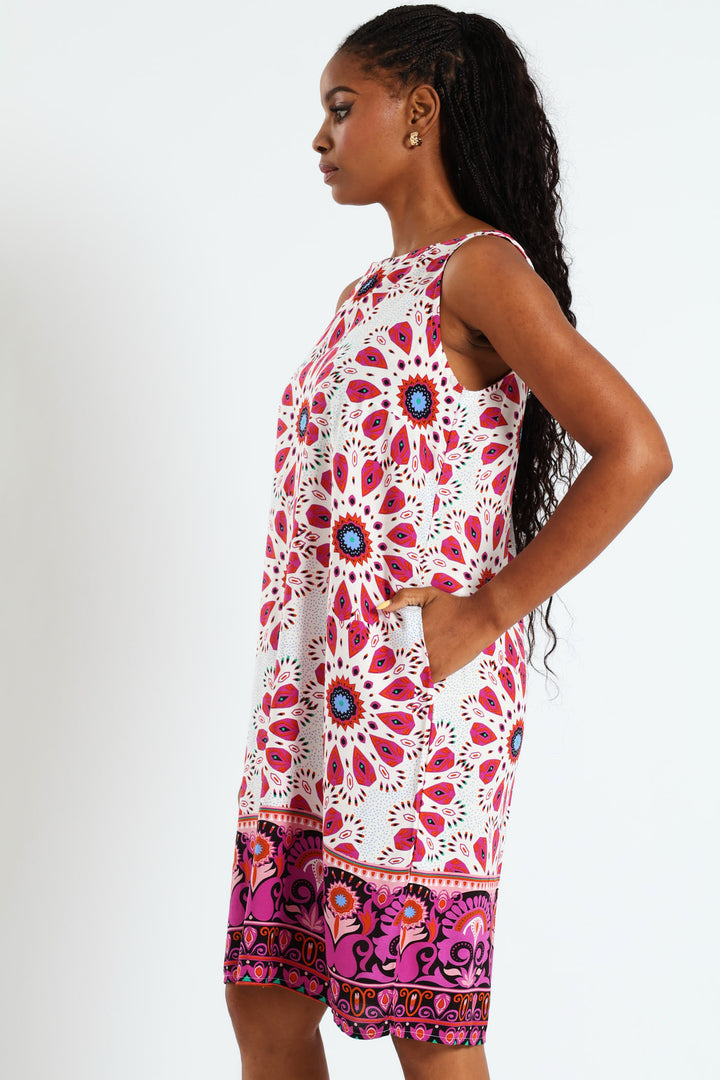 Shift Mini Dress With Border & Pocket Detail - Magenta