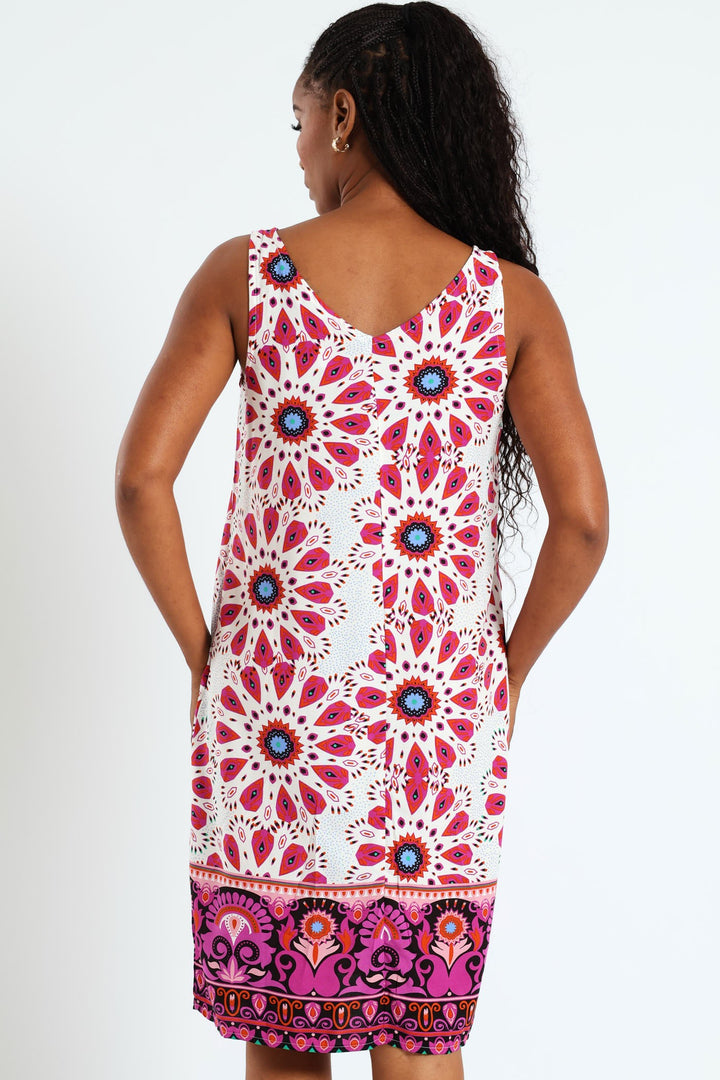 Shift Mini Dress With Border & Pocket Detail - Magenta