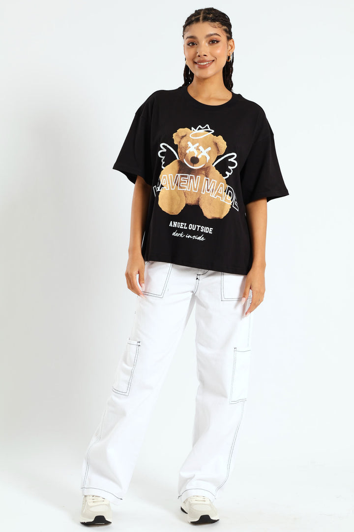 Oversized Printed Teddy Tee - Black