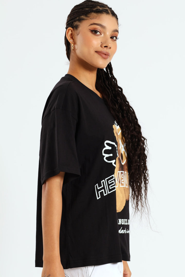 Oversized Printed Teddy Tee - Black