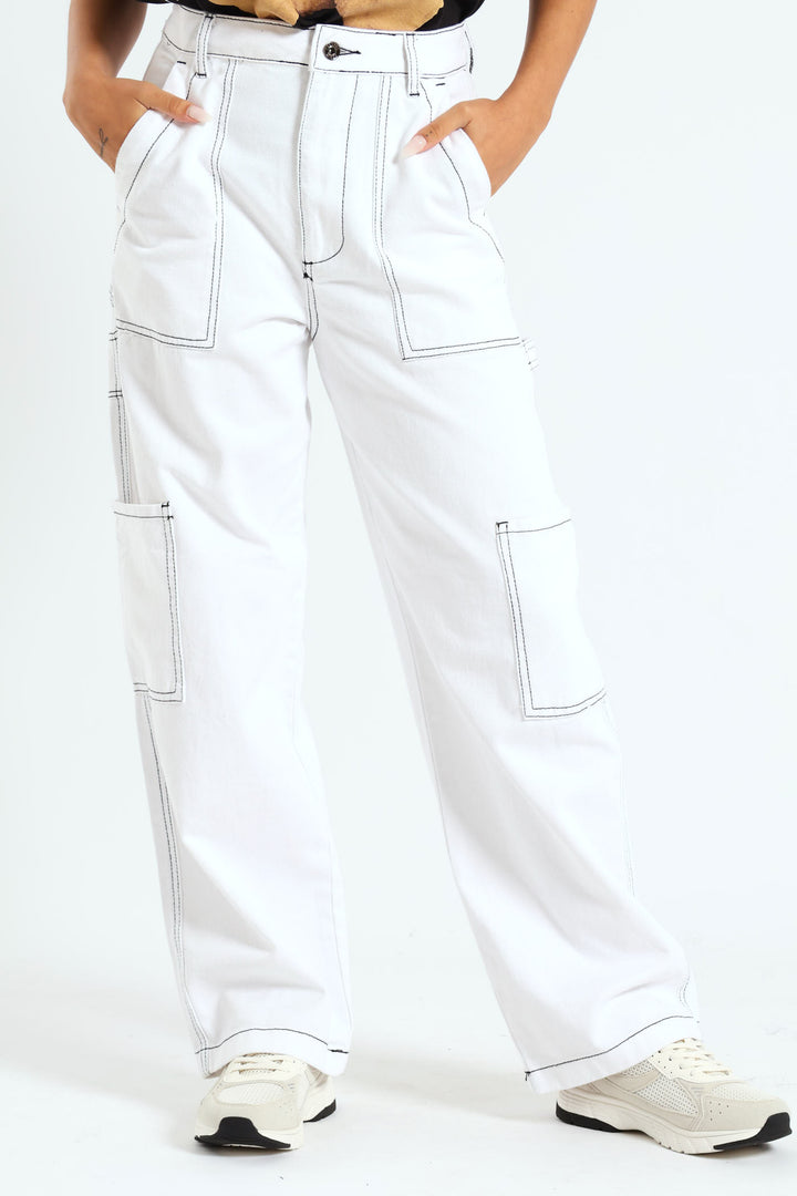 Cargo Contrast Stitch Jean - White/Black