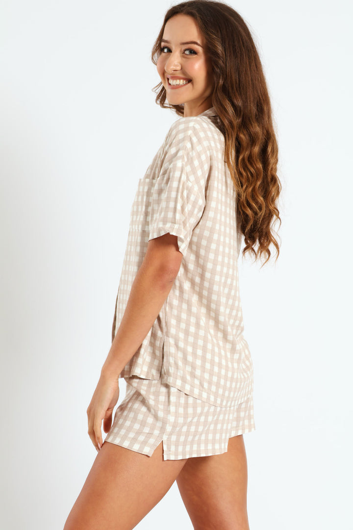 Button Through Linen Check Short Set - White/Beige