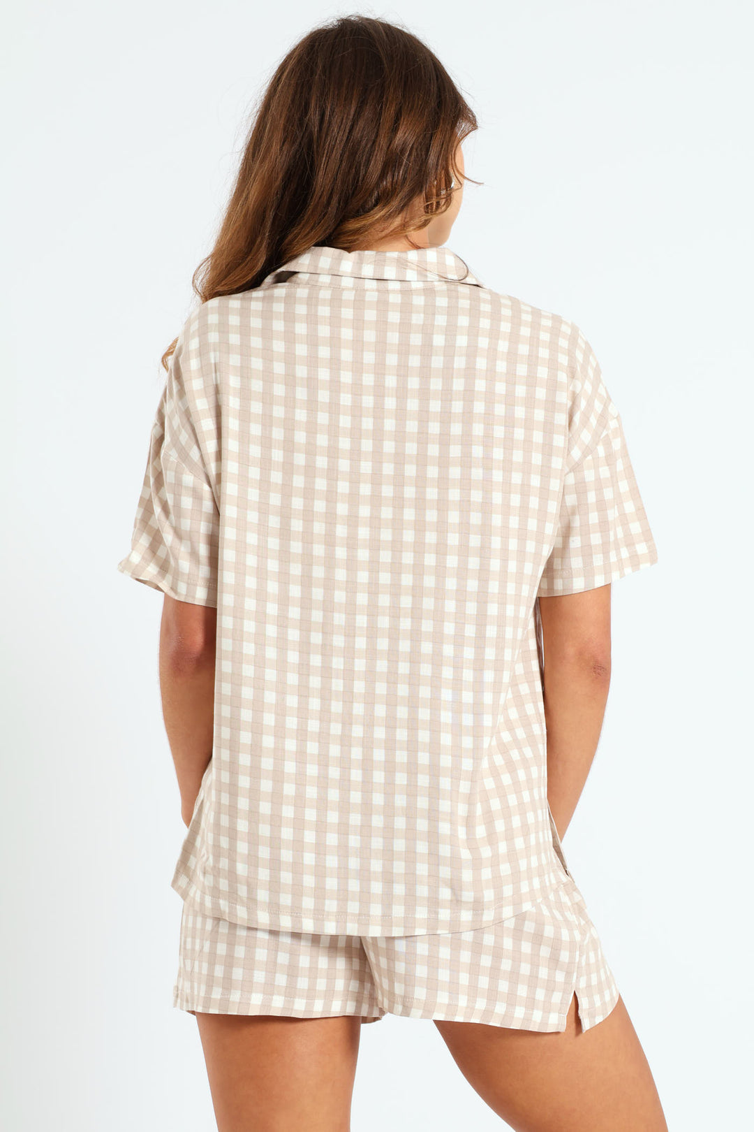 Button Through Linen Check Short Set - White/Beige