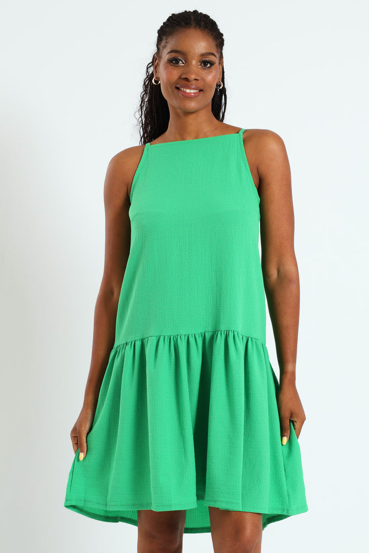 Hi-Neck Drop Waist Mini Dress - Bright Green