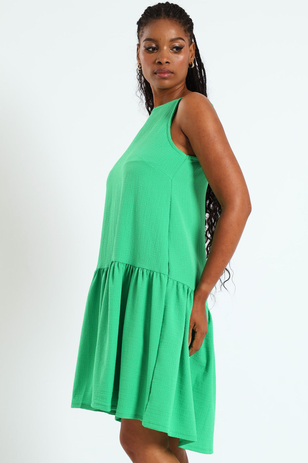 Hi-Neck Drop Waist Mini Dress - Bright Green