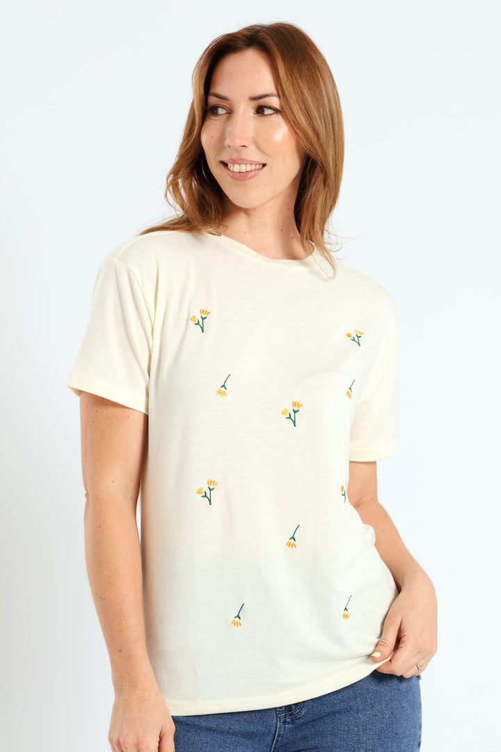 Floral Embroidered Tee - Ivory