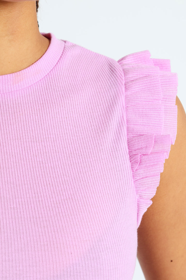 Rib Frill Tank - Pink