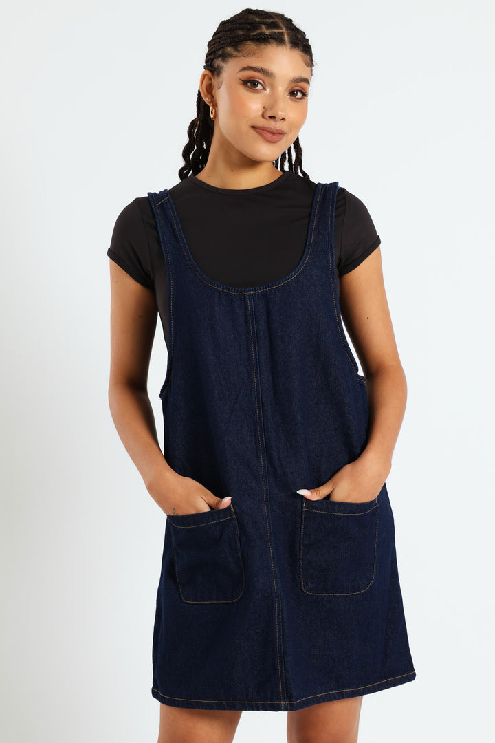 Boxy Denim Pinafore Dress - Ink