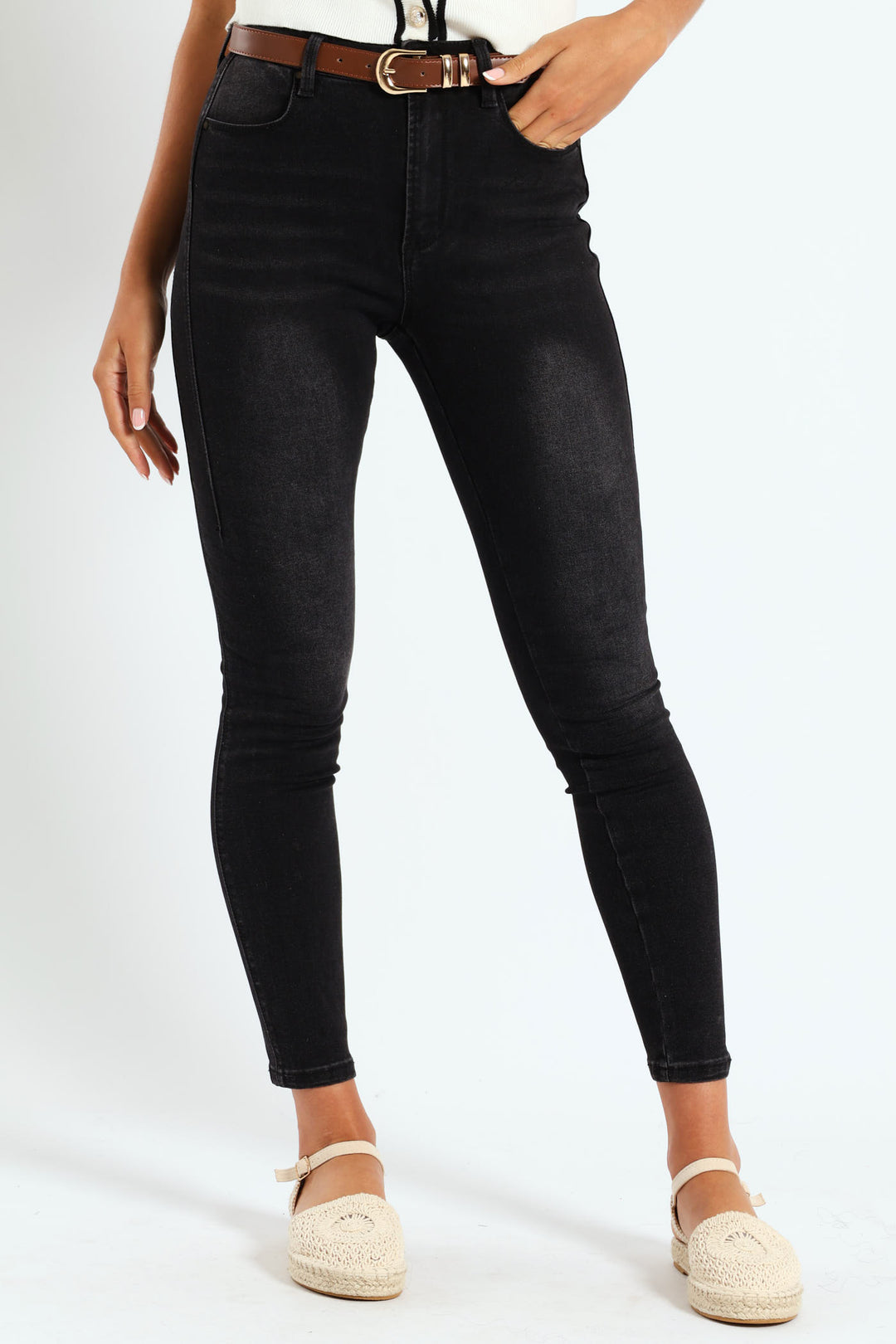 Two Seam Belted Skinny Jean - Black