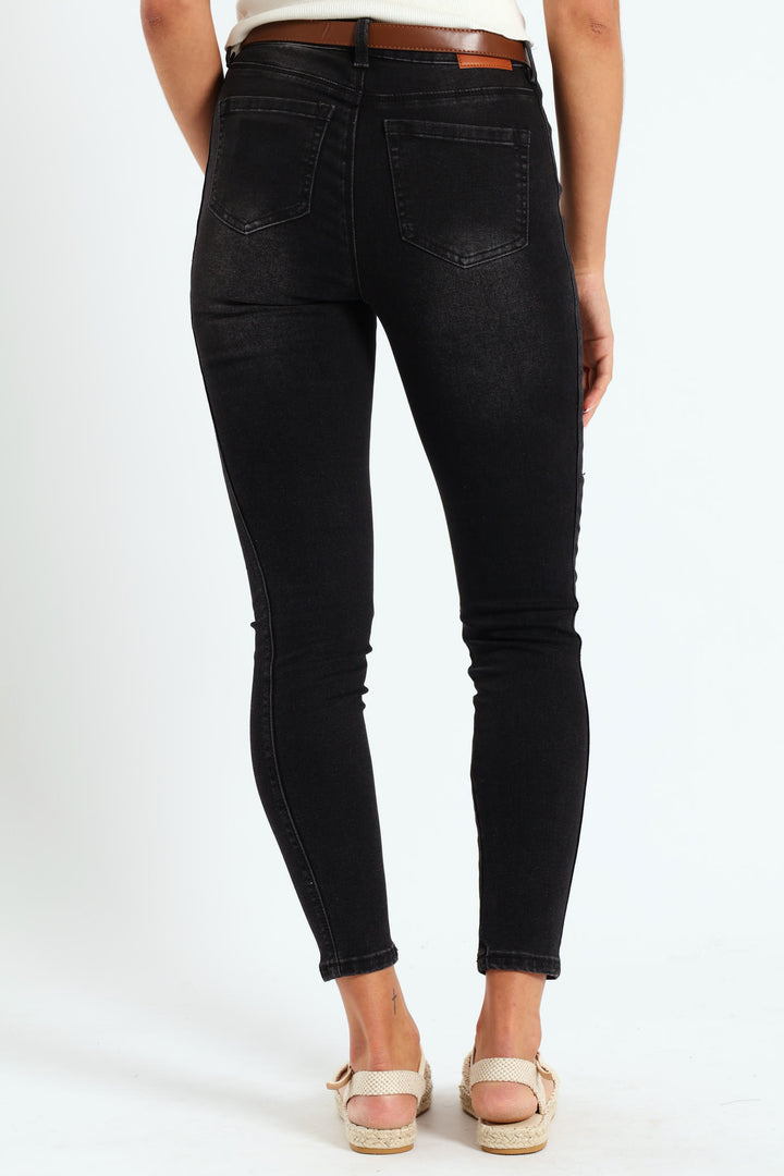 Two Seam Belted Skinny Jean - Black