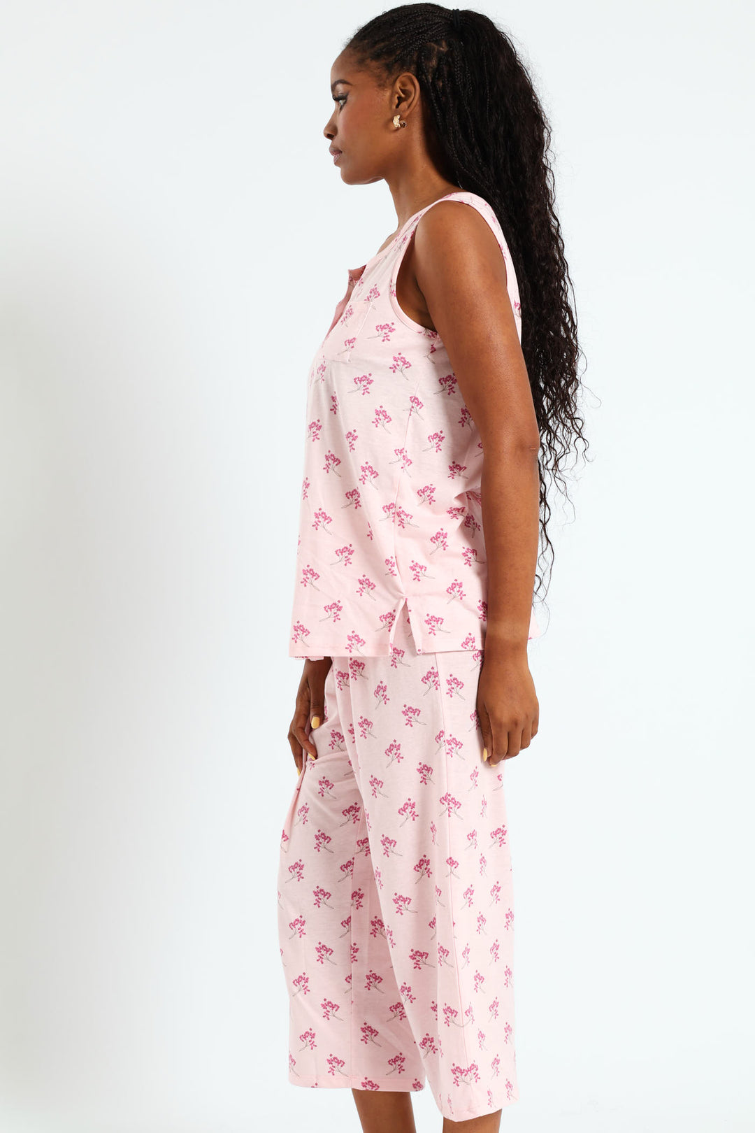 Button Through Flower Capri Set - Pink