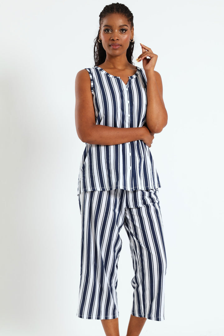 Button Through Stripe Capri Set - White/Blue